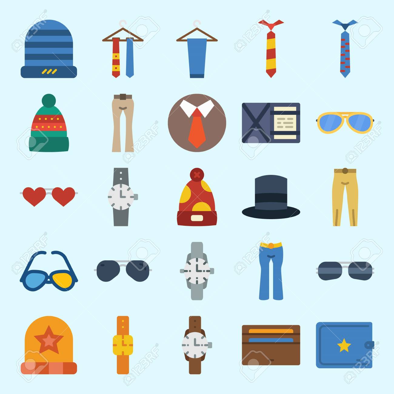 時計 財布 サングラス ズボン 冬の帽子とネクタイと男性のアクセサリーについてのアイコンセット のイラスト素材 ベクタ Image