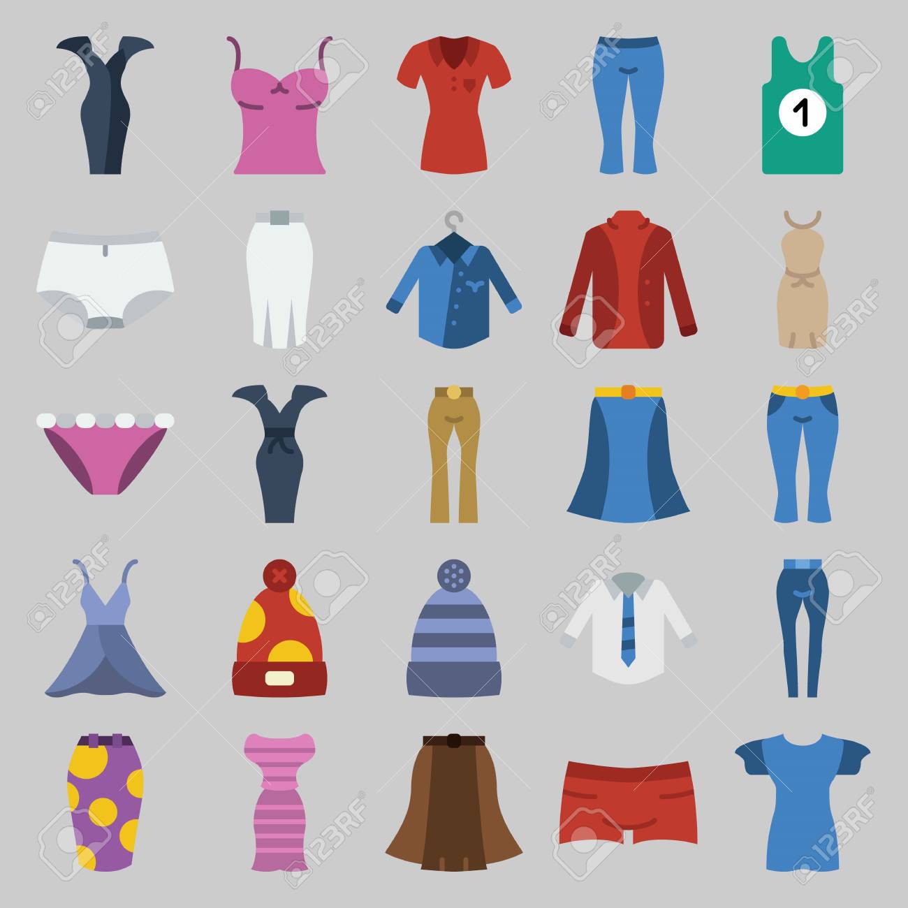 Conjunto De Iconos Sobre Ropa De Mujer Con Camisa, Pantalón Conjunto De Iconos Sobre Ropa De Mujer Con Camisa, Pantalón