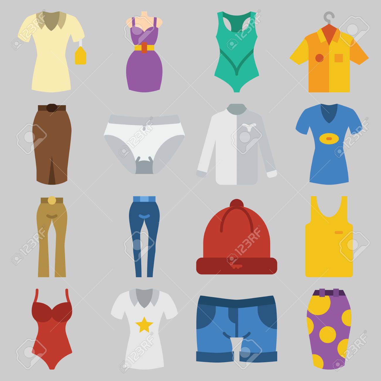 Conjunto De Iconos Sobre Ropa De Mujer Con Palabras Clave Conjunto De Iconos Sobre Ropa De Mujer Con Camisa, Pantalón