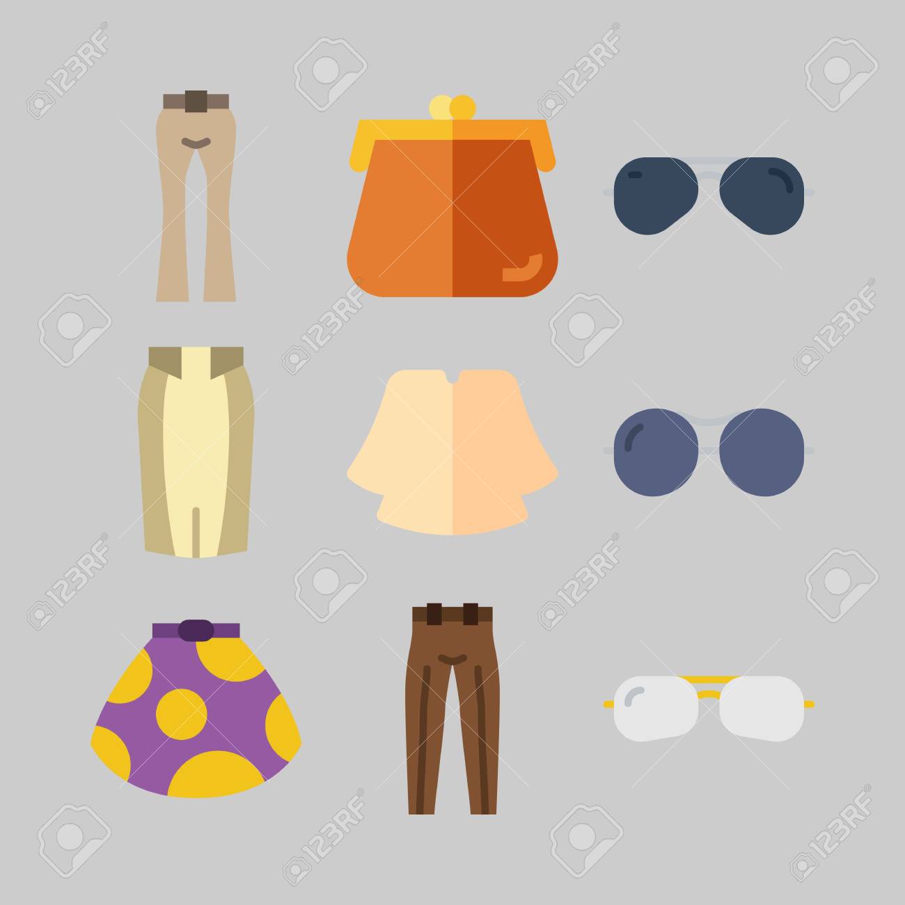 Conjunto De Iconos Sobre Ropa De Mujer. Con Pantalón, Camisa Conjunto De Iconos Sobre Ropa De Mujer Con Camisa, Pantalón