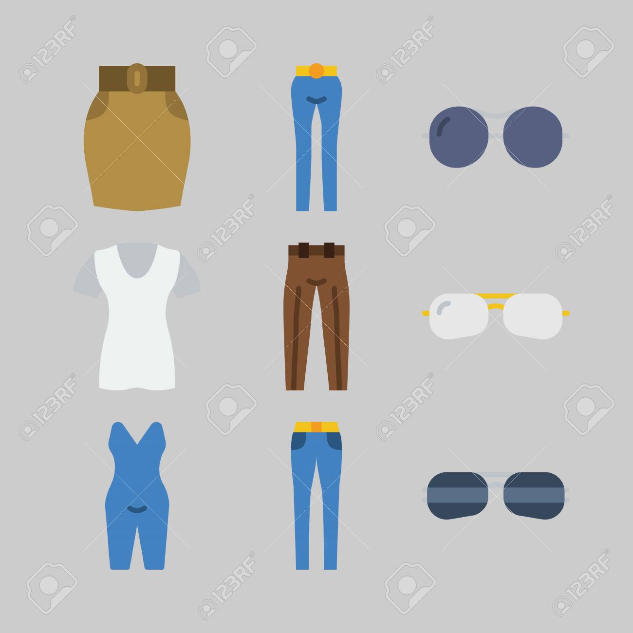 Conjunto De Iconos Sobre Ropa De Mujer Con Camisa, Pantalón Conjunto De Iconos Sobre Ropa De Mujer Con Camisa, Pantalón