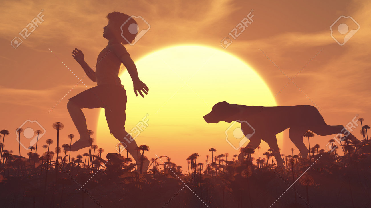 子供と夕暮れ時のフィールドで走っている犬のシルエット これは 3 D レンダリング図です の写真素材 画像素材 Image