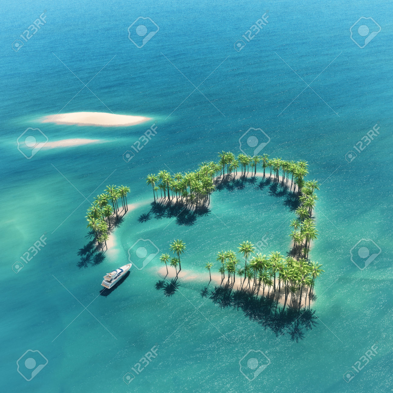 ハートの海と船の通過の中で熱帯の島 これは 3 D レンダリング図です の写真素材 画像素材 Image