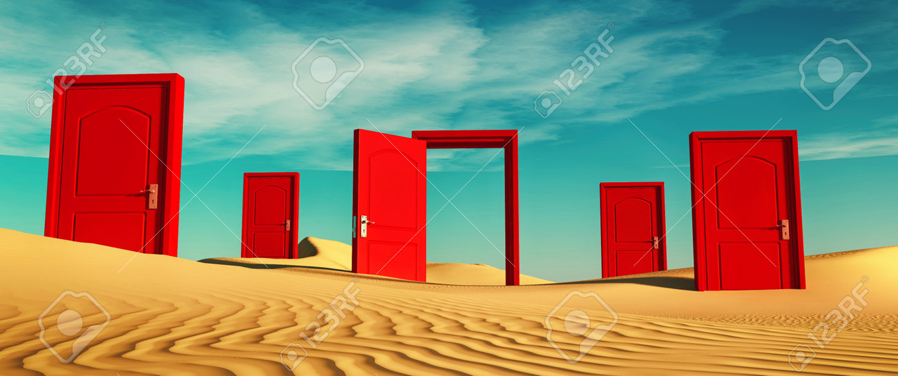 Multiple closed doors in the desert with one open . This is a 3d render illustration . - 143661336 Multiple closed doors in the desert with one open . This is a 3d render illustration . - 143661336