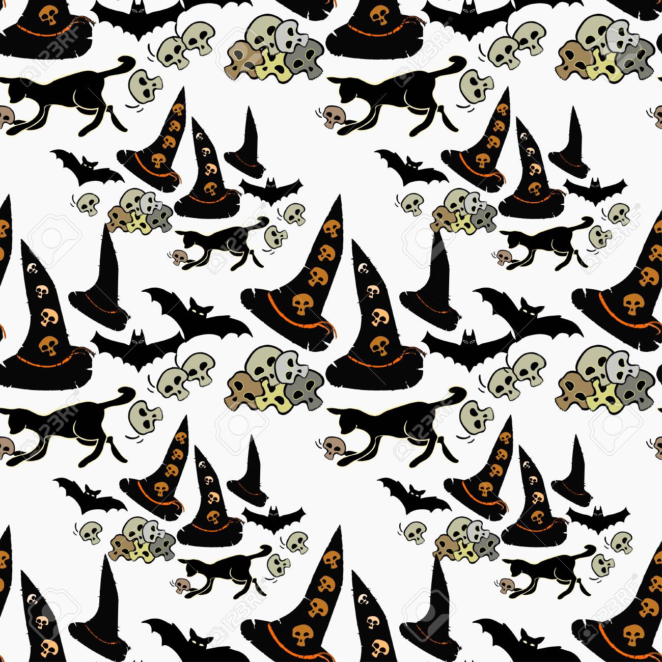 ハロウィーン バット 魔女帽子 猫の頭蓋骨のベクトル図のシームレス