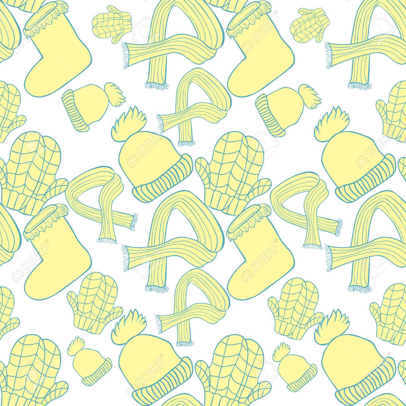 Sombrero de patrón, guantes, botas, bufanda de invierno ilustración vectorial de color amarillo transparente Sombrero de patrón, guantes, botas, bufanda de invierno ilustración vectorial de color amarillo transparente