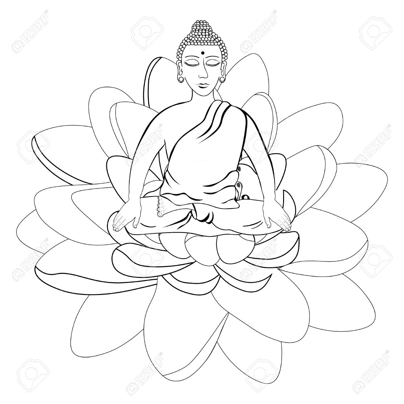 Bouddha Assis Dans La Fleur De Lotus Méditation Indienne Fermé Les Yeux Illustration Vectorielle à Colorier