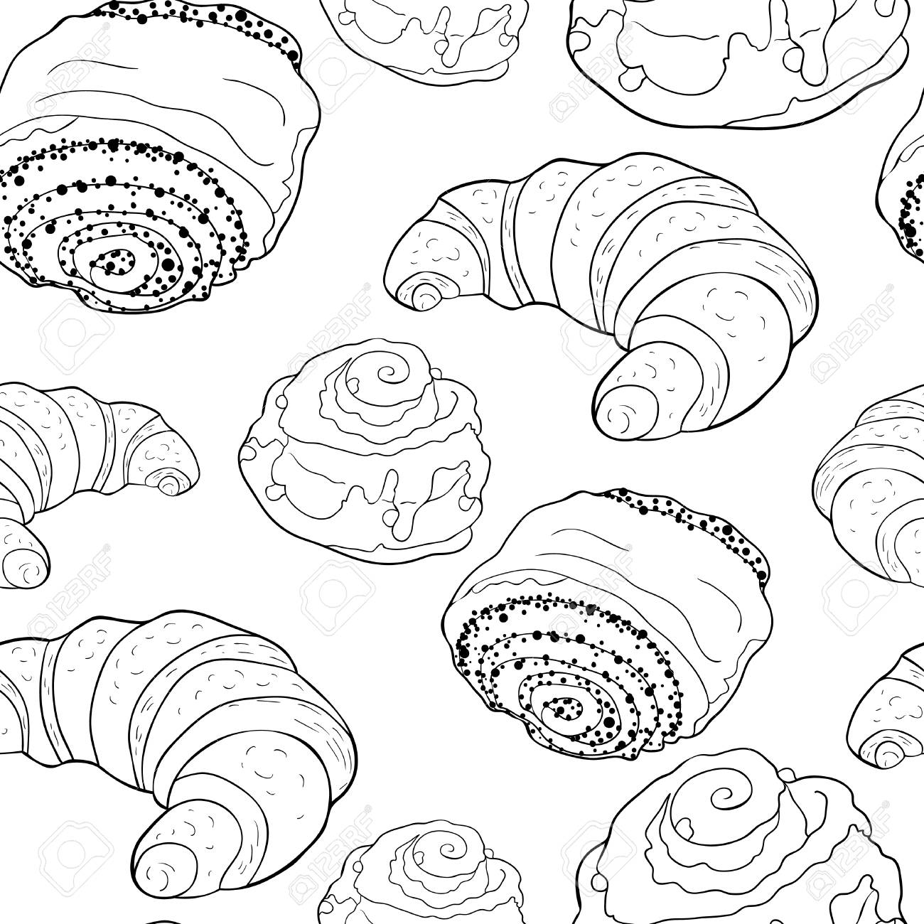 Coloring Seamless Pattern French Croissant Bun With Poppy Seeds And Raisins Sweet Vector Illustration Stock Coloring Seamless Pattern French Croissant Bun With Poppy Seeds And Raisins Sweet Vector Illustration Stock