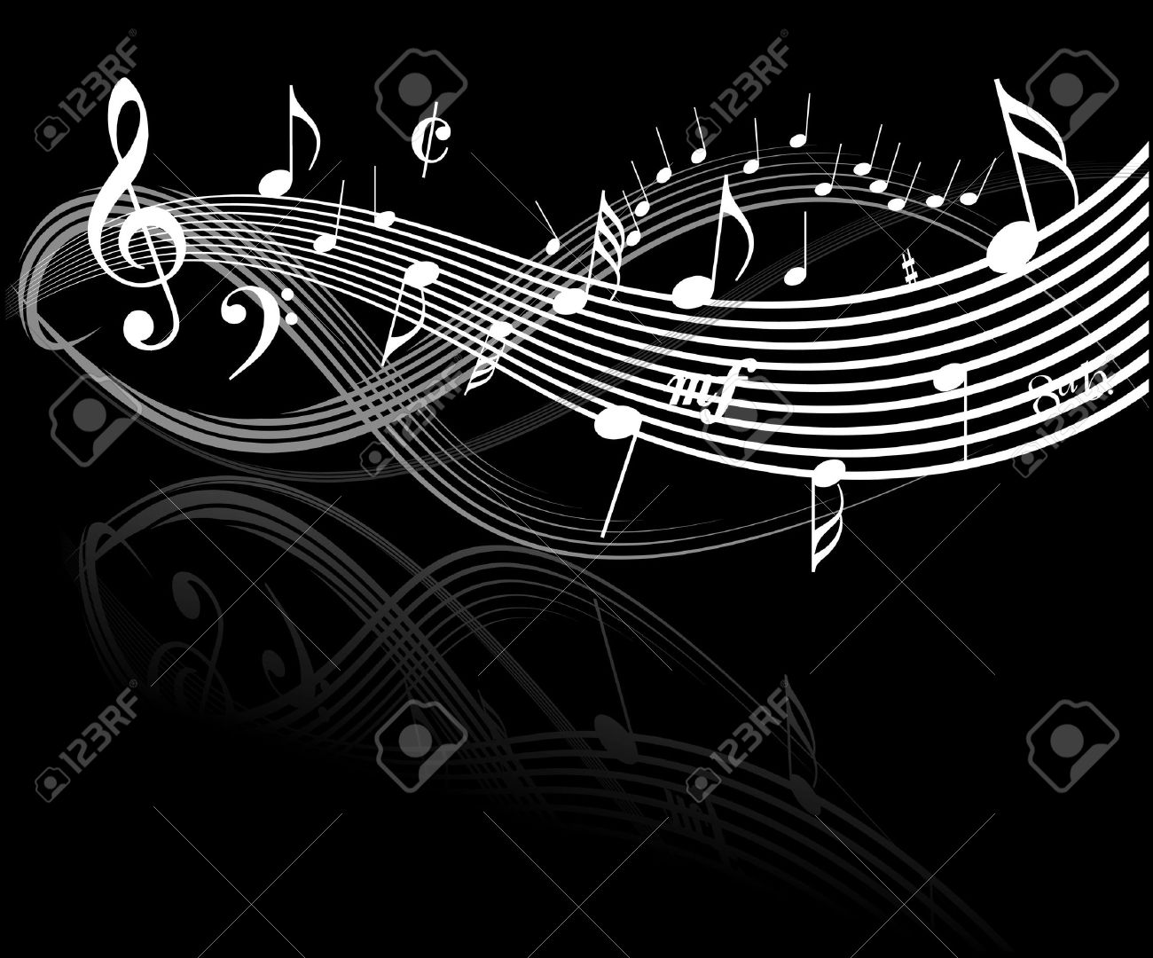 Music theme white notes on black background stock photo 3076063