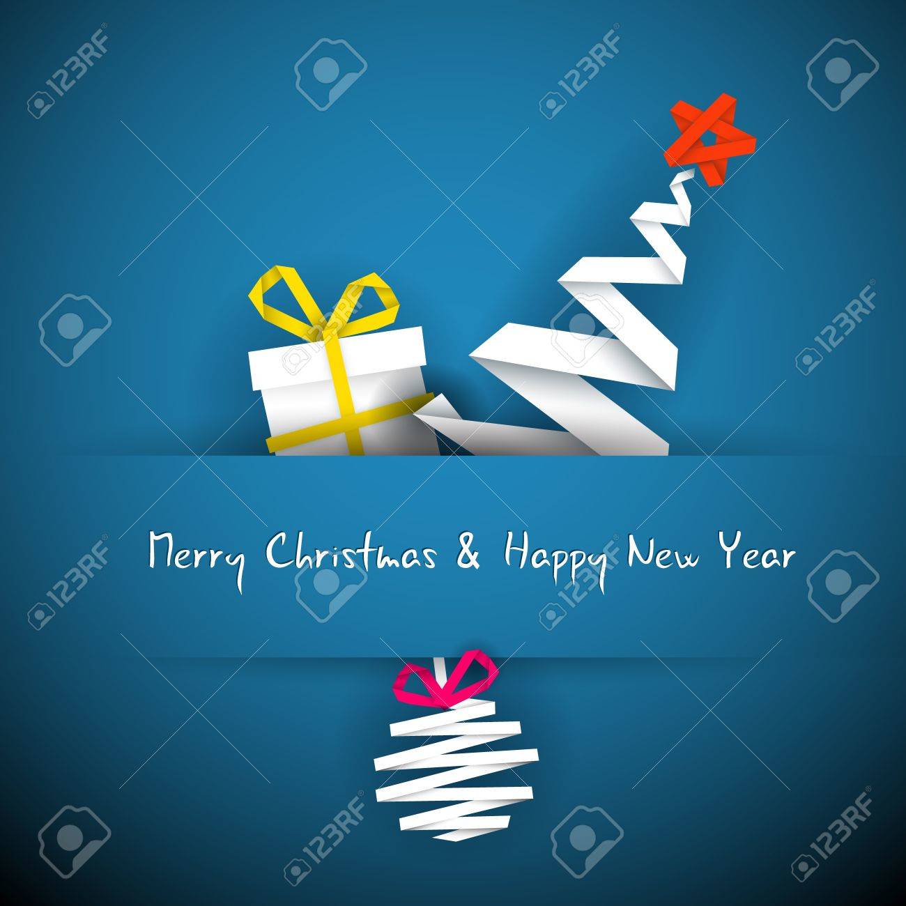 Simple Vecteur Bleu Carte De Noël Avec Un Cadeau Arbre Et Boule Fabriqués à Partir De Bande De Papier