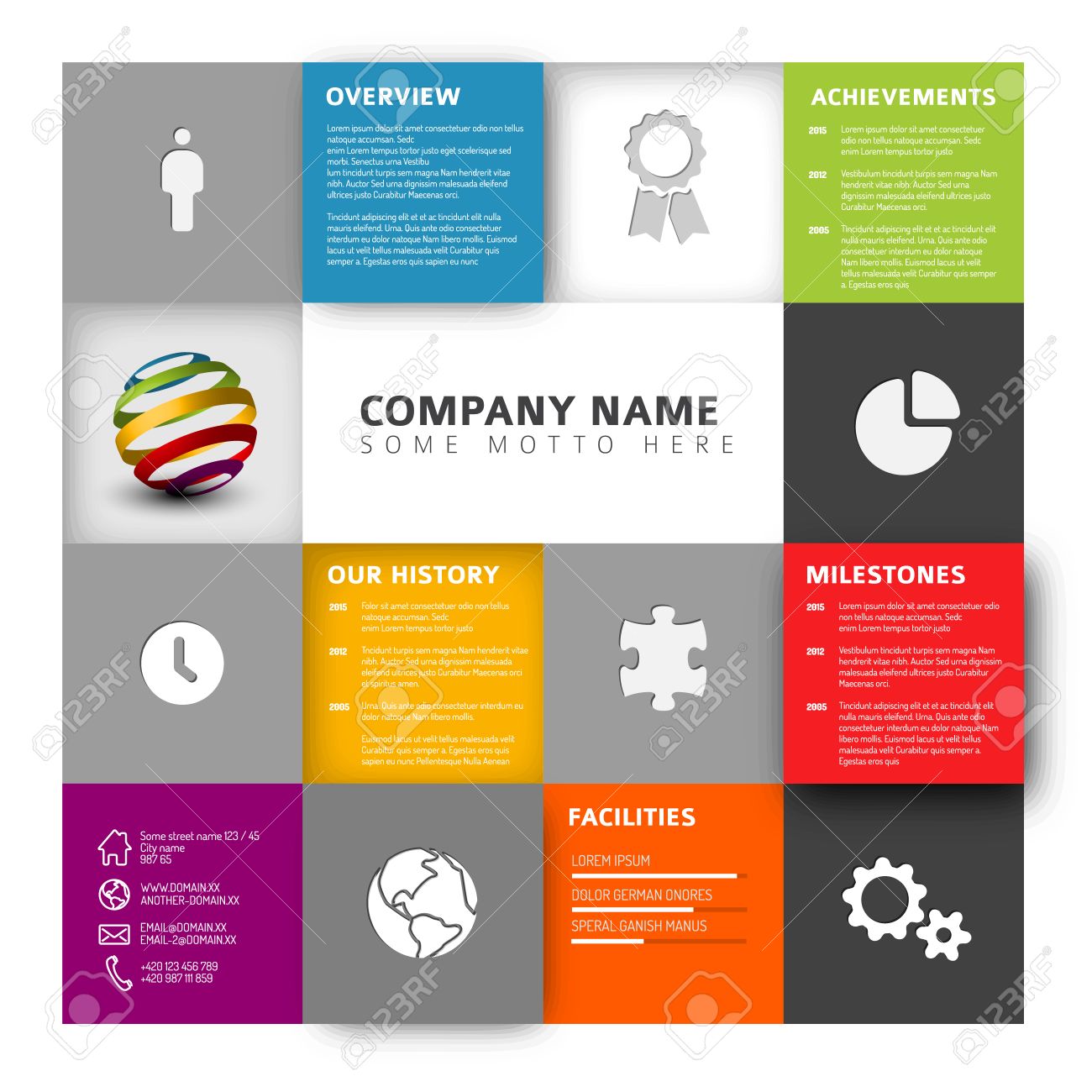 mosaic company info graphic profile design template with icons