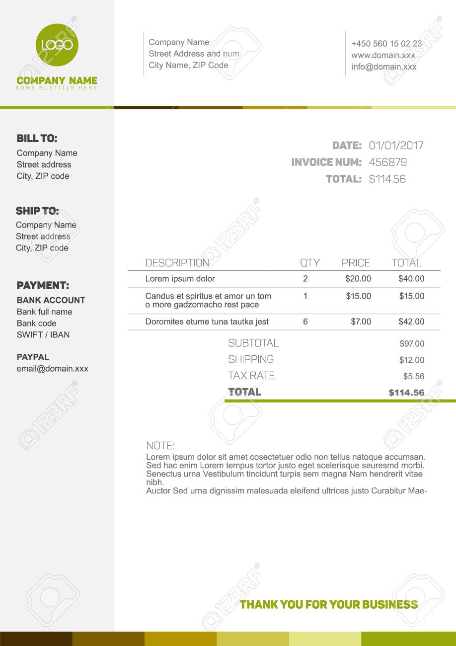 あなたのビジネスのためのベクトル シンプルな請求書テンプレート設計 会社概要 新鮮な緑バージョンのイラスト素材 ベクタ Image