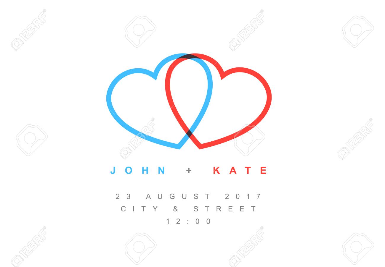 vector minimalist wedding invitation card template with two hearts