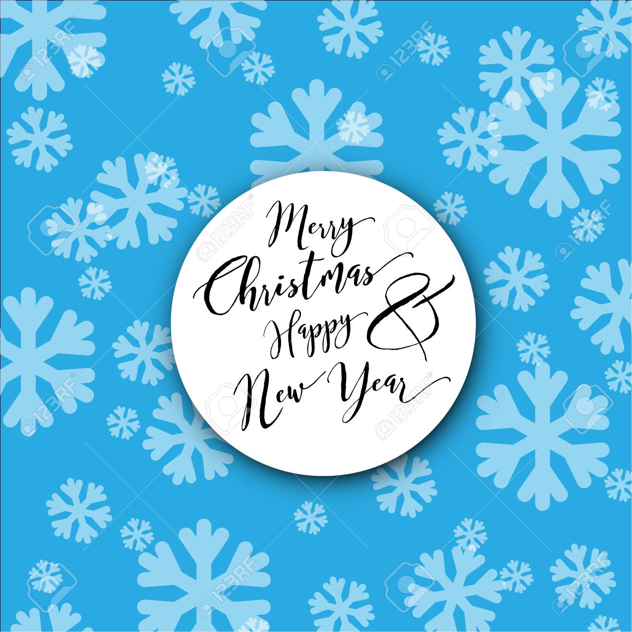 minimalist christmas card with white snowflakes on blue background
