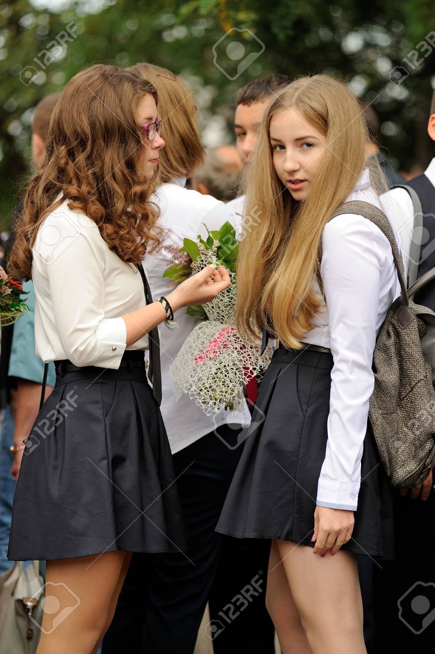 schoolgirl Russian Orel, Russia - September 1, 2015: Two Girls In School Uniform Vertical  Stock Photo, Picture and Royalty Free Image. Image 92006196.