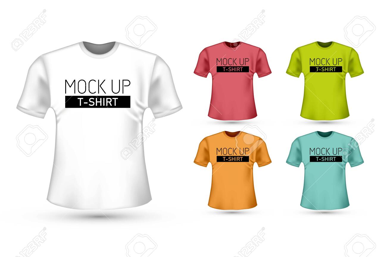 Download Set Of Isolated Color T Shirt Mockup With Place For Text Sport Realistic Shirt Template Young Man Clothes For Fashion Or Advertising Textile Print Vector Illustration Royalty Free Cliparts Vectors And Stock Illustration