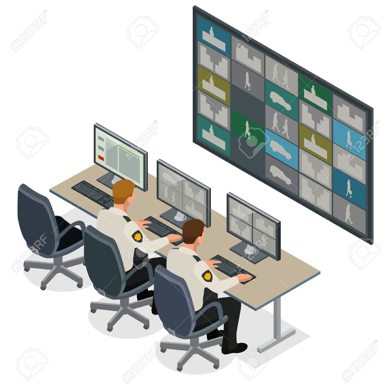 Security guard watching video monitoring surveillance security system. Mans In Control Room Monitoring Multiple Cctv Footage. Video surveillance concept. Flat isometric vector illustration - 54103029 Security guard watching video monitoring surveillance security system. Mans In Control Room Monitoring Multiple Cctv Footage. Video surveillance concept. Flat isometric vector illustration - 54103029