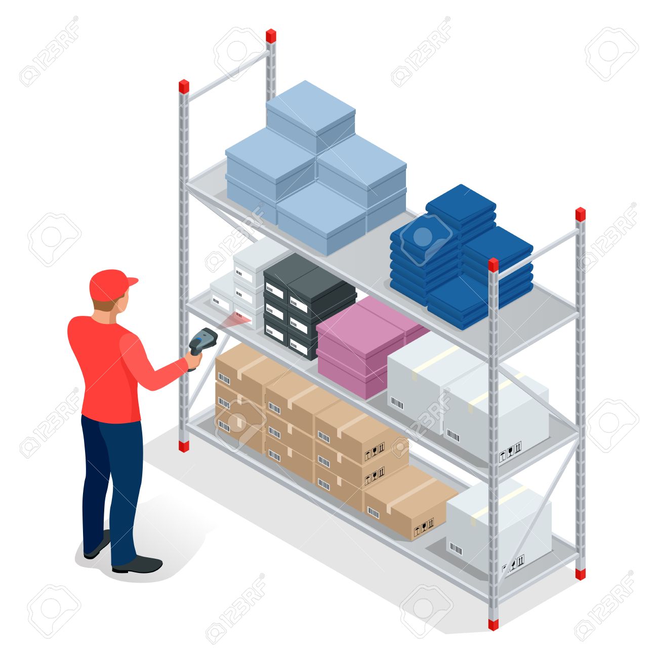 Warehouse manager or warehouse worker with bar code scanner checking goods on storage racks. Stock taking job. Flat 3d vector isometric illustration - 58367201 Warehouse manager or warehouse worker with bar code scanner checking goods on storage racks. Stock taking job. Flat 3d vector isometric illustration - 58367201