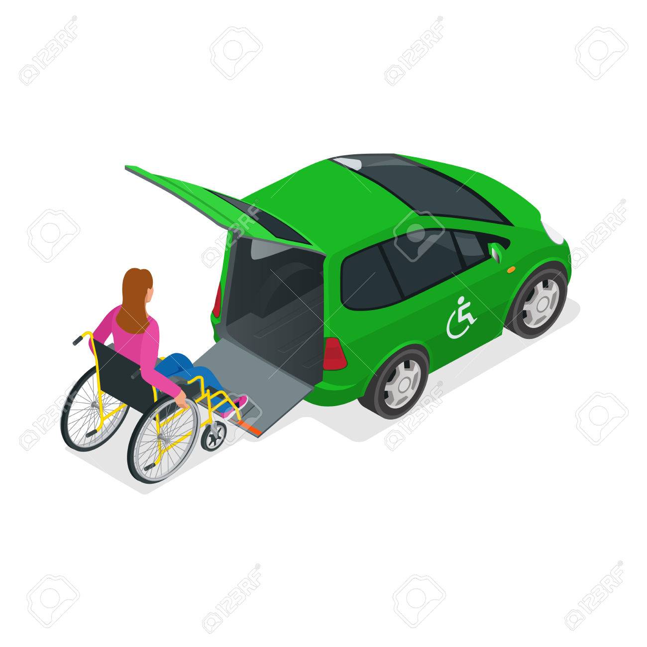 タクシーや車椅子の女性のための車 リフト付き車両です 身体障害者の軽自動車 平らな 3 D ベクトル等尺性のイラストです のイラスト素材 ベクタ Image 5851