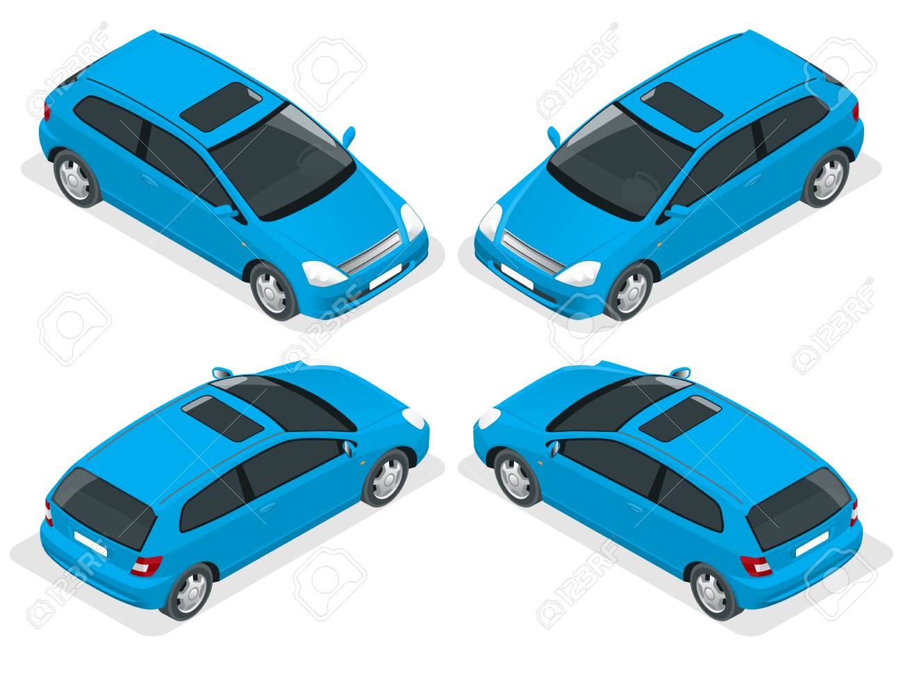 3 ドア ハッチバック車が分離されました ベクトルの等尺性のアイコンを設定します 白い背景の上車ベクトル テンプレート 簡単に色を変更する機能 都市交通のイラスト素材 ベクタ Image