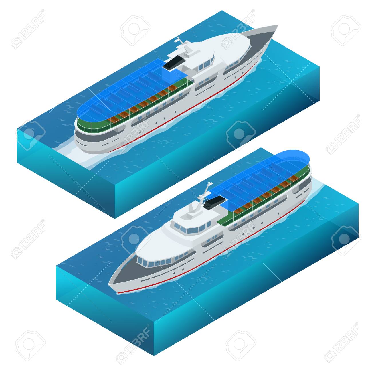 遊覧船の等角セット 海上輸送で旅行するプレジャーボート観光ヨットのフラットベクトルイラストのイラスト素材 ベクタ Image