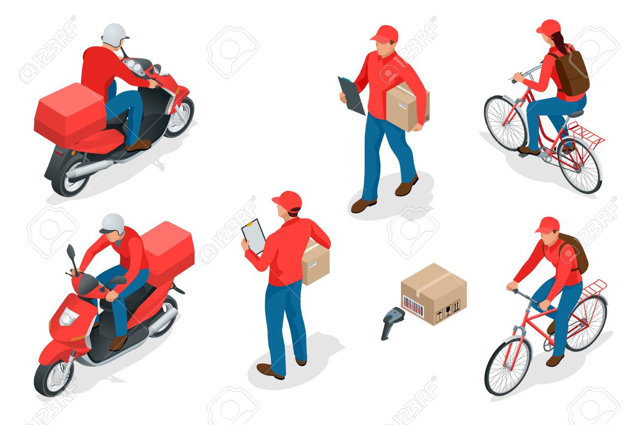 Isometric delivery service or courier service concept. Delivery Workers or courier vector illustration. - 92685969 Isometric delivery service or courier service concept. Delivery Workers or courier vector illustration. - 92685969