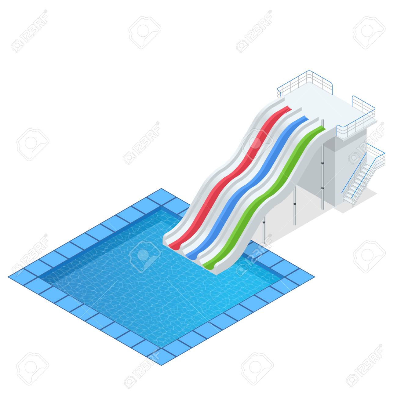 Isometric Colourful Water Slide With Pool Aquapark Equipment Set For Design Swimming Isometric Colourful Water Slide With Pool Aquapark Equipment Set For Design Swimming