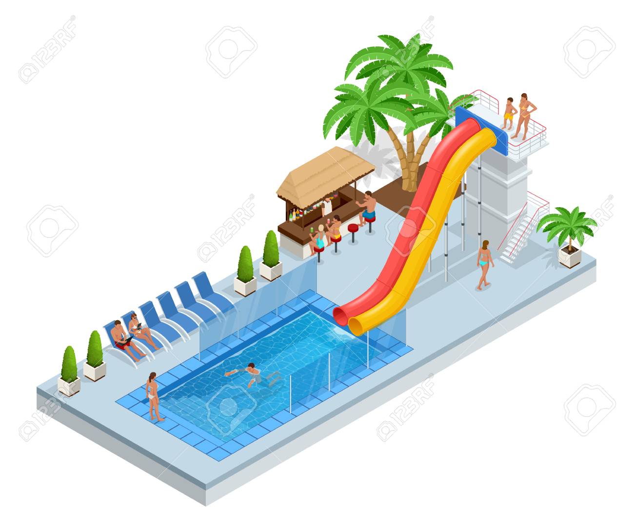 Isometric Aqua Park With Water Slides Pool People Or Visitors And Palms Isometric Aqua Park With Water Slides Pool People Or Visitors And Palms