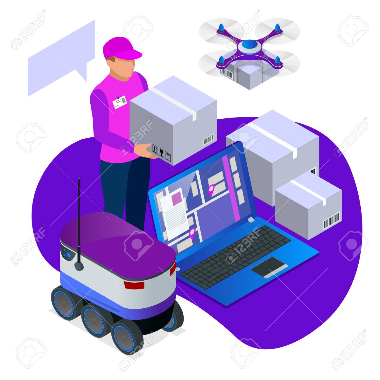 Livraison express à domicile. Courier donne à la femme une boîte. Achats en ligne. Livraison gratuite, livraison 10h. Illustration isométrique de Livraison express à domicile. Courier donne à la femme une boîte. Achats en ligne. Livraison gratuite, livraison 10h. Illustration isométrique de