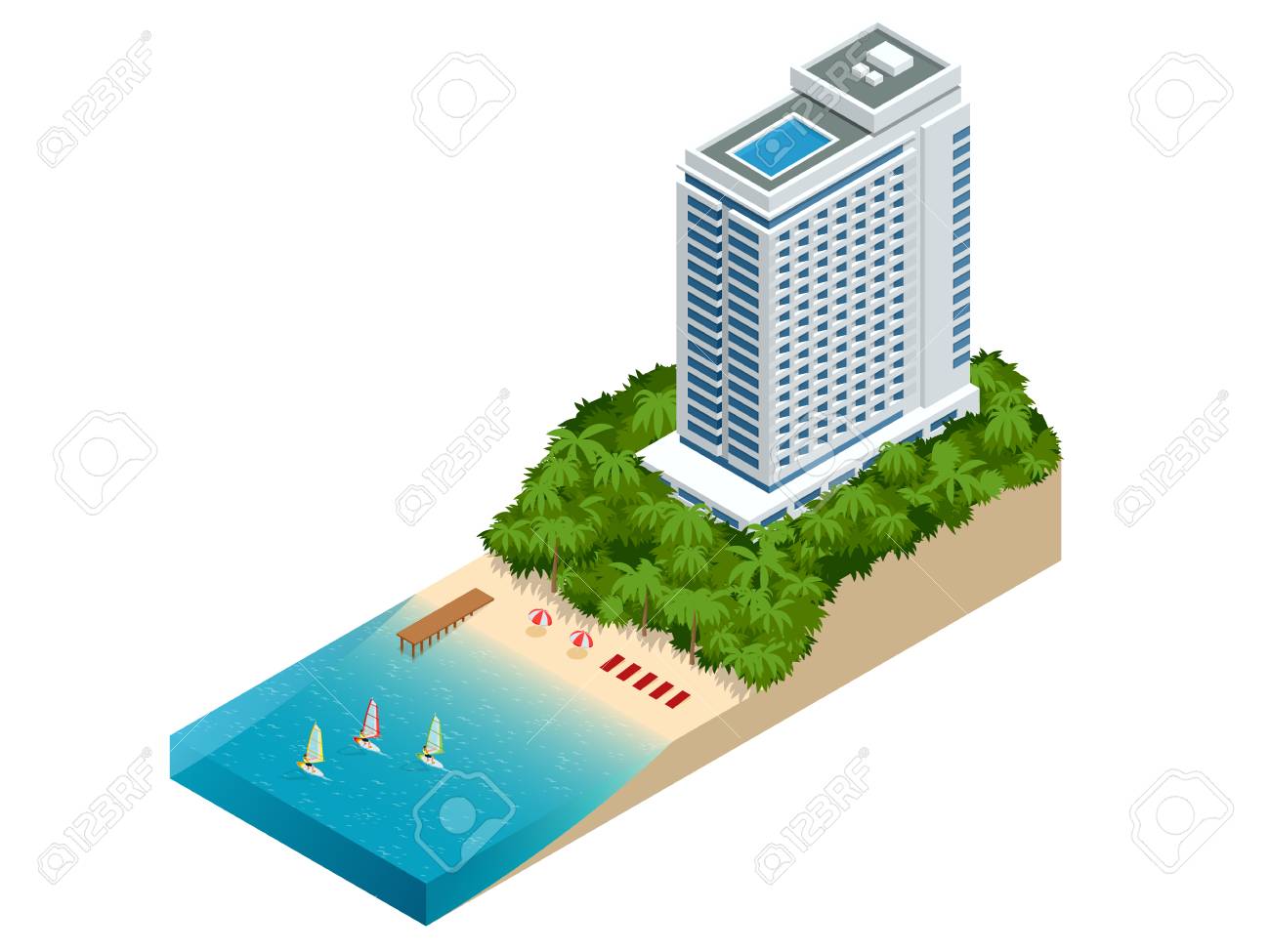 Isometric Luxury Beach Hotel And Sea View Swimming Pool Near