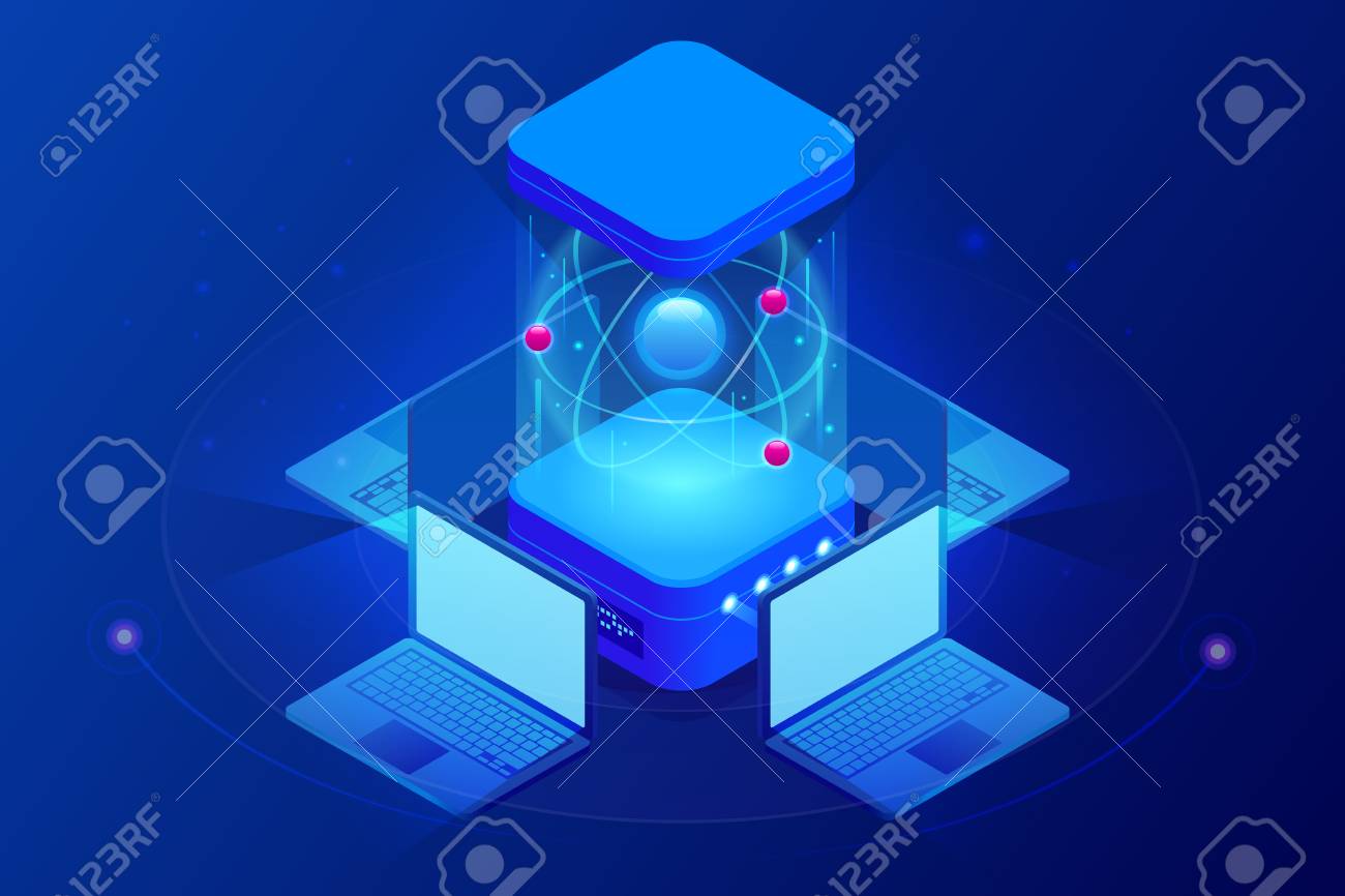 아이소 메트릭 양자 컴퓨팅 또는 슈퍼 컴퓨팅. 양자 컴퓨터는 양자 컴퓨팅을 수행하는 장치입니다. 벡터 일러스트 레이 션 로열티 무료  사진, 그림, 이미지 그리고 스톡포토그래피. Image 108437000