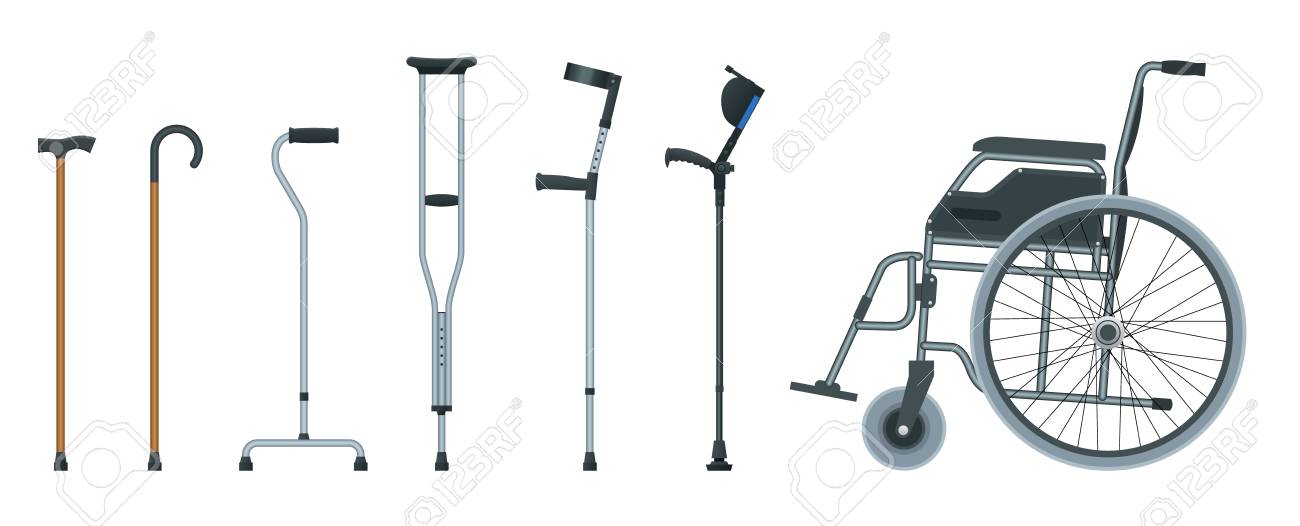 Set of mobility aids including a wheelchair, walker, crutches, quad cane, and forearm crutches. Flat illustration. Health care concept - 126044140 Set of mobility aids including a wheelchair, walker, crutches, quad cane, and forearm crutches. Flat illustration. Health care concept - 126044140