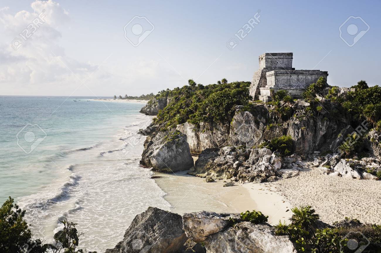 view of the mayan archaeological site of tulum - 121743336 view of the mayan archaeological site of tulum - 121743336