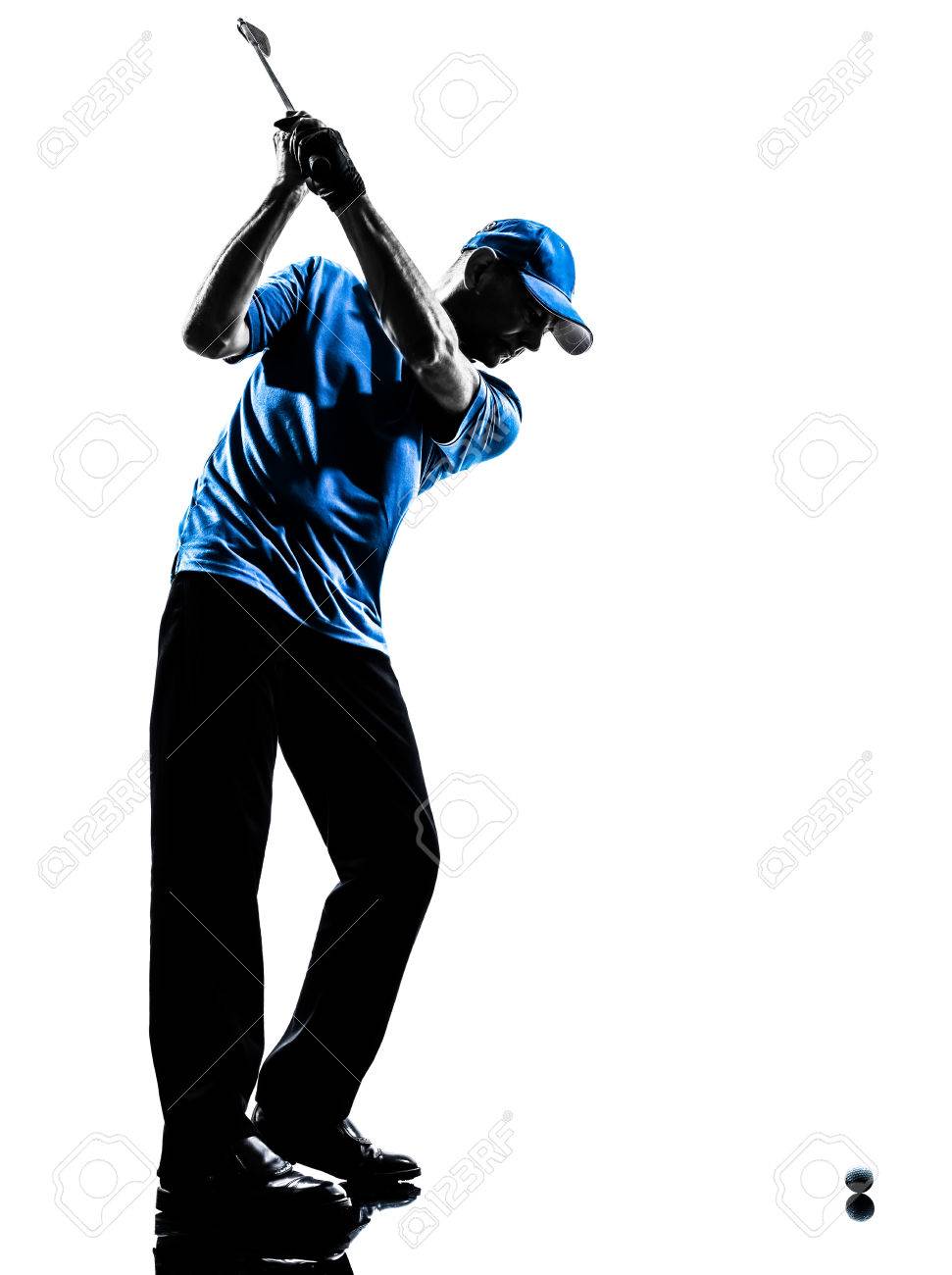 one man golfer golfing golf swing in silhouette studio isolated on white background stock photo