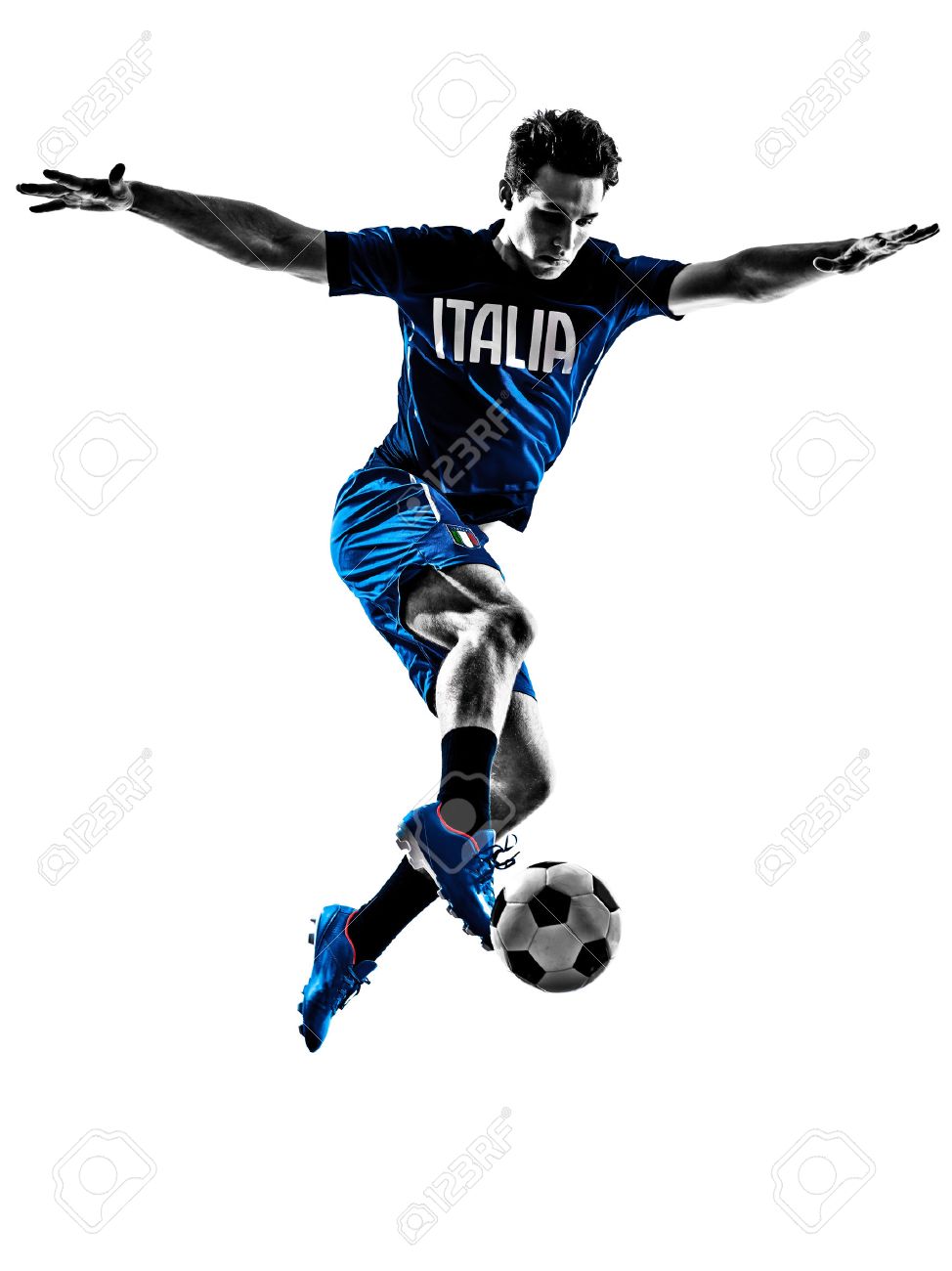 イタリアのサッカー選手人サッカー シルエット ホワイト バック グラウンドでジャンプ の写真素材 画像素材 Image