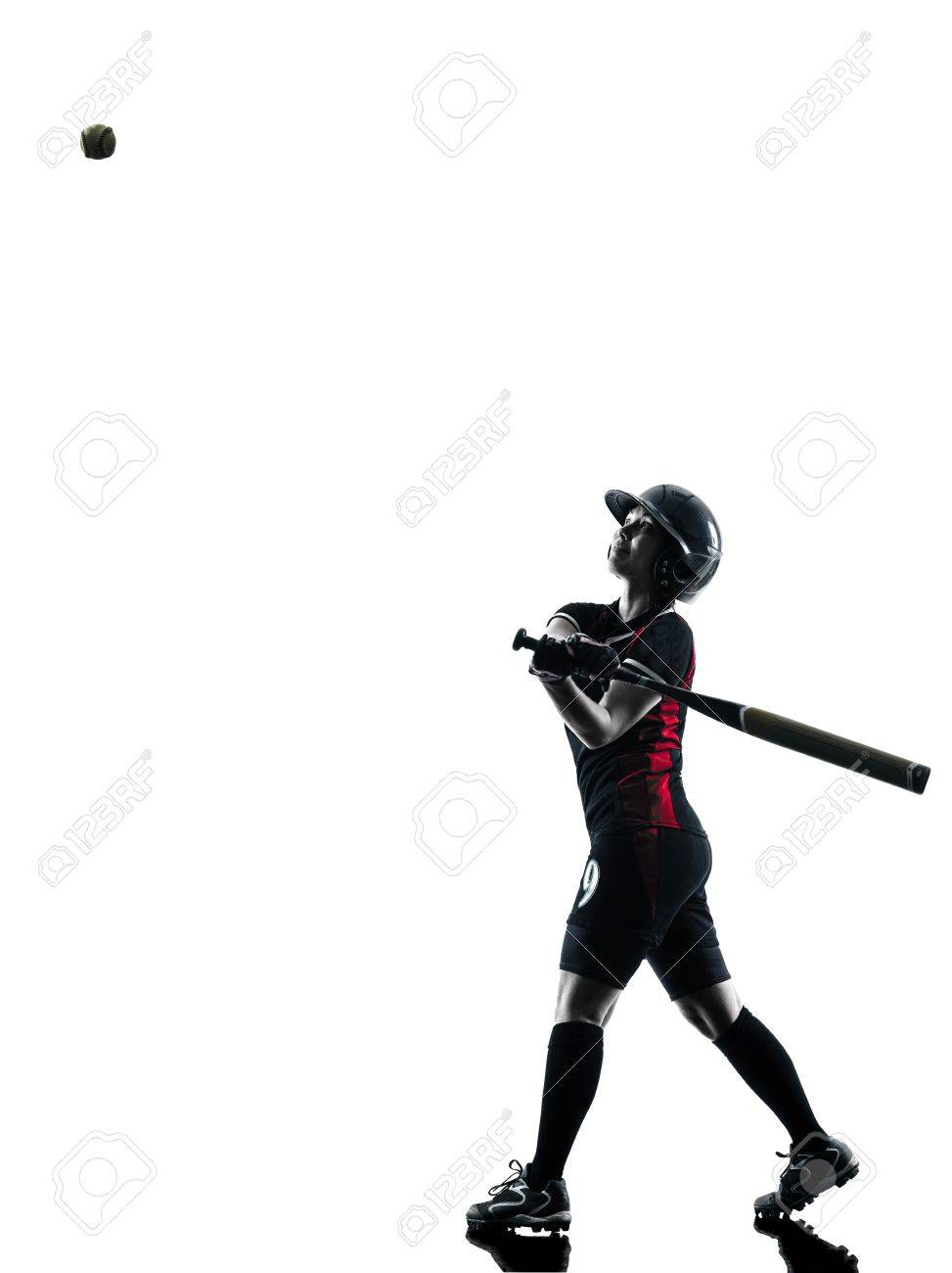一人の女性のシルエットは 白い背景で隔離のソフトボール選手を再生 の写真素材 画像素材 Image