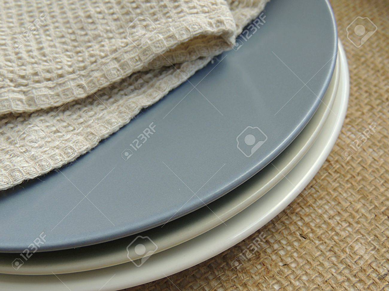 Matte Plates With Natural Linen Towel On Burlap Background, Food ... Matte Plates With Natural Linen Towel On Burlap Background, Food ...