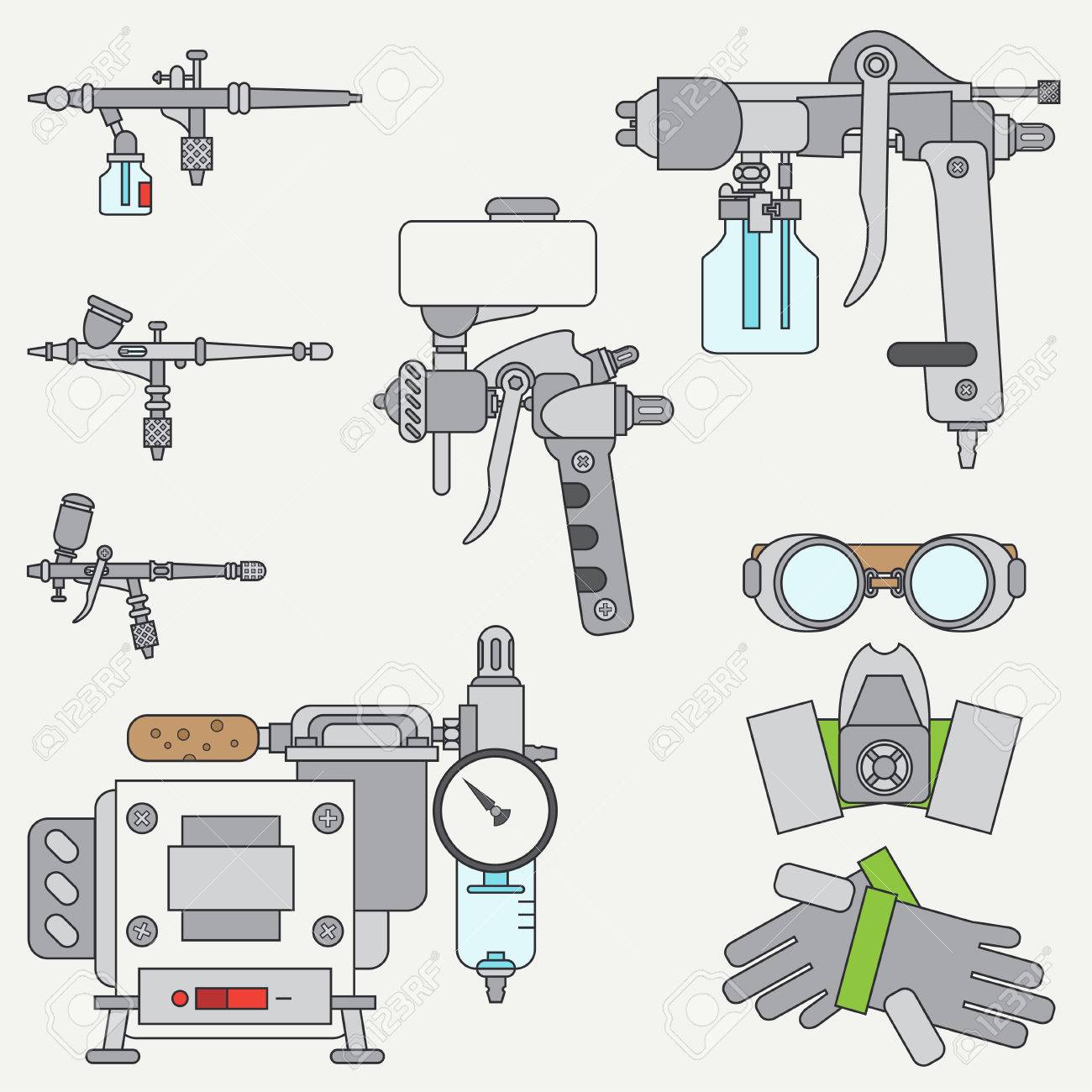 Plano Del Color Del Vector Iconos De Línea Conjunto De Instrumentos De Dibujo Para Aerografía. Estilo De Animados. Dibujo. Art. Ilustración Y El Elemento De Diseño. Colección. Industrial. Compresor