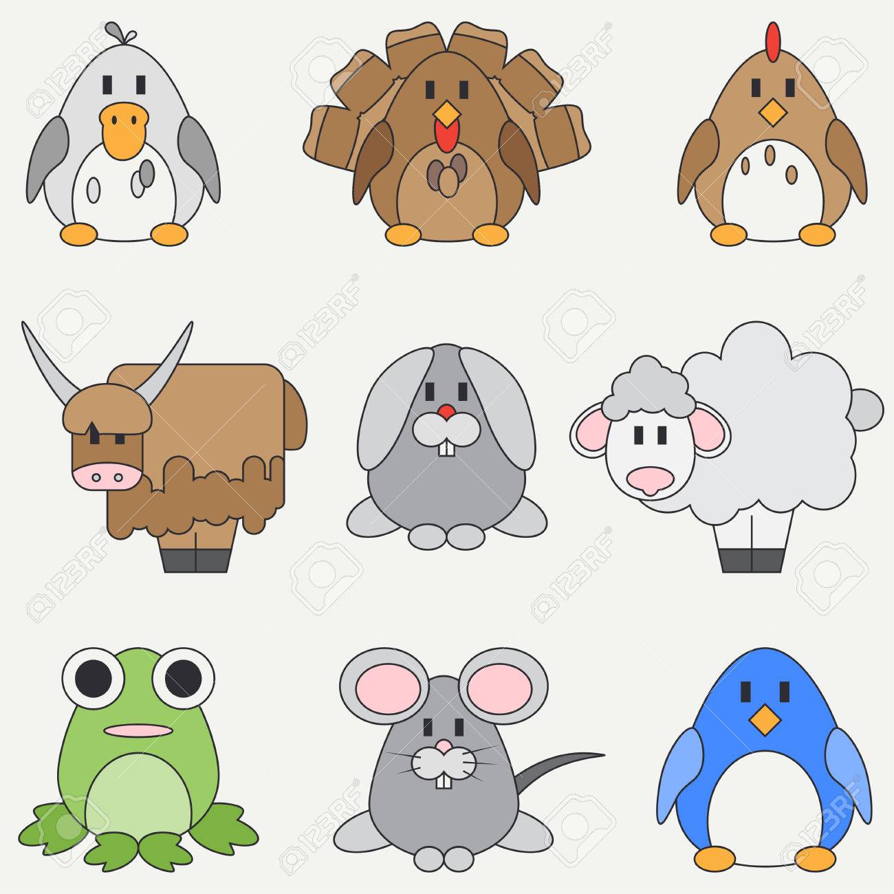 Icone De Vecteur De Couleur Plat Ligne Sertie D Animaux Mignons Pour Les Produits Pour Bebe Style De Bande Dessinee Doodle Pour Enfants Petite Enfance Nouveau Nee Illustration Vectorielle Et Element Pour Votre