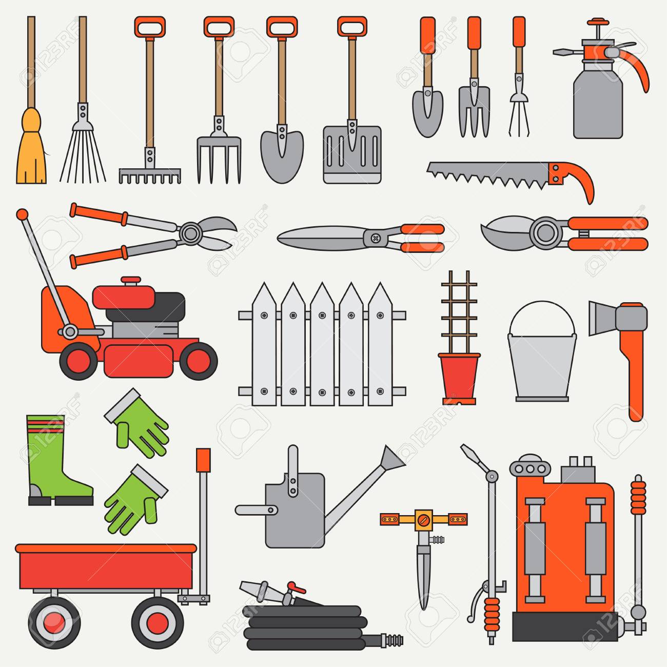 Line Flat Color Vector Icon Garden Tools Set Cartoon Style