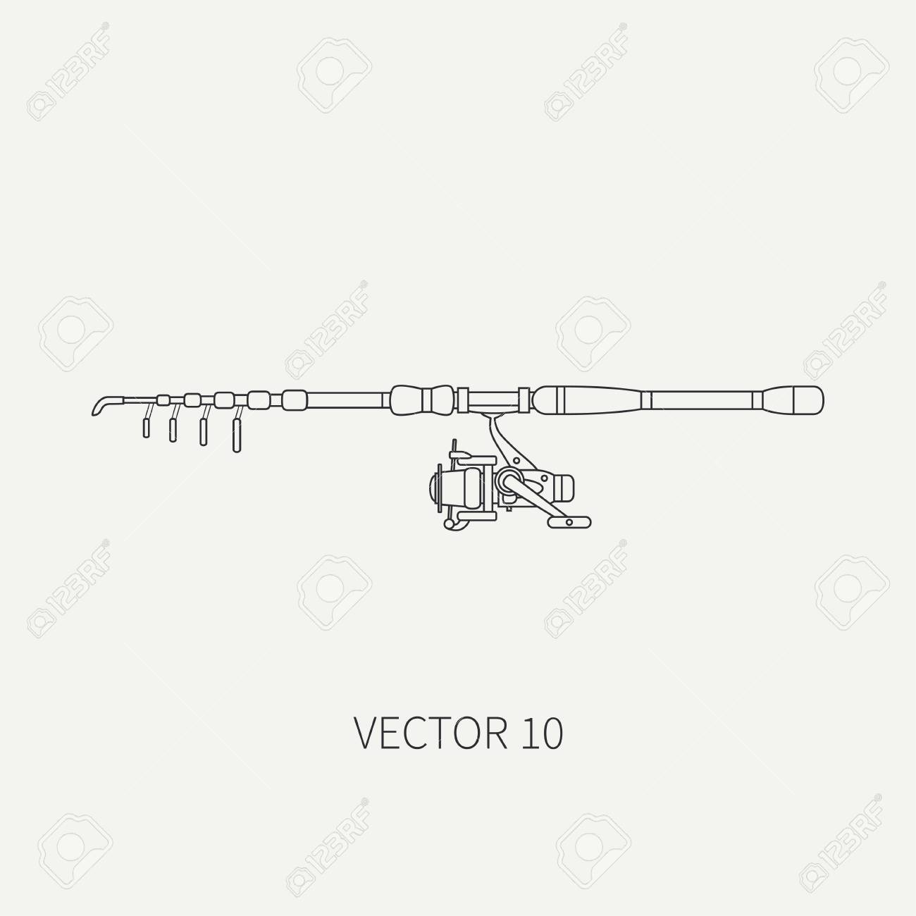 ライン フラット ベクトル フィッシャーとキャンプのアイコン釣り竿リール付け 漁師の機器 レトロな漫画スタイル イラストやデザイン 壁紙の要素 の イラスト素材 ベクタ Image