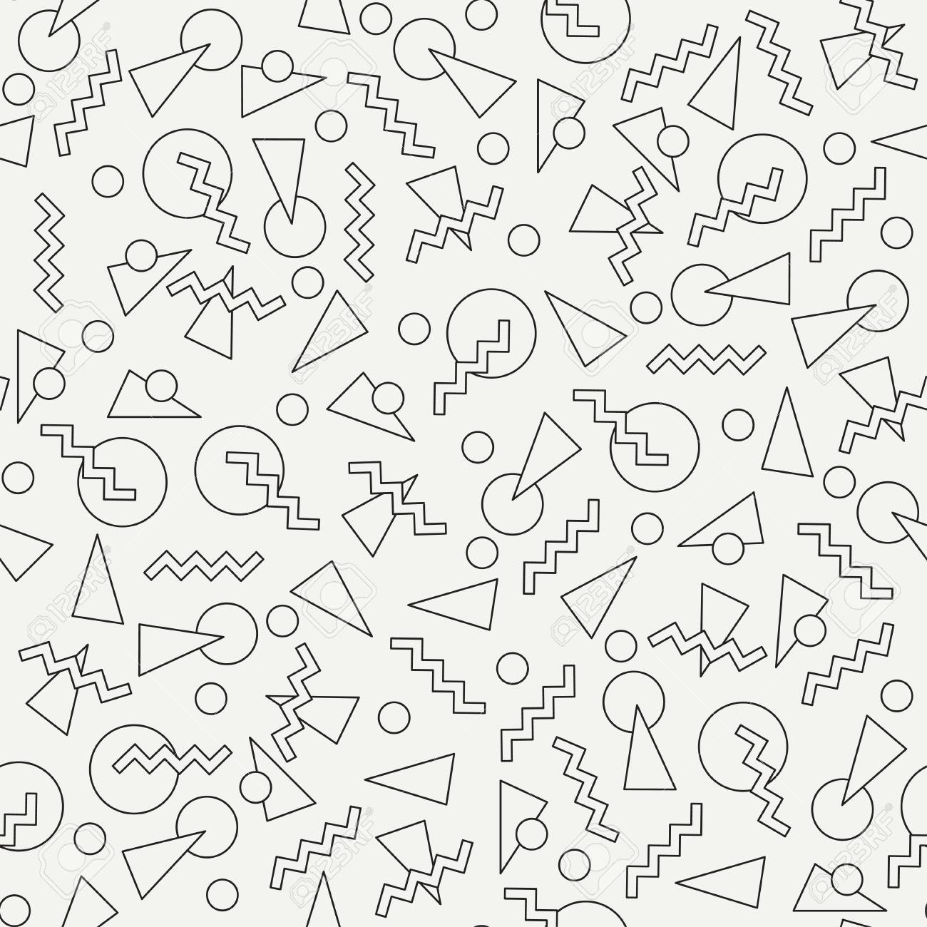 Patrón De Vector Transparente Plana Moda Abstracta Con Figuras Geométricas Triángulo, Círculo, Esfera, Zigzag. Envoltura Creativa. Fondo De Estilo Retro De Dibujos Animados. Ilustración, Elemento De Diseño Y Fondo De Pantalla. Ilustraciones Patrón De Vector Transparente Plana Moda Abstracta Con Figuras Geométricas Triángulo, Círculo, Esfera, Zigzag. Envoltura Creativa. Fondo De Estilo Retro De Dibujos Animados. Ilustración, Elemento De Diseño Y Fondo De Pantalla. Ilustraciones