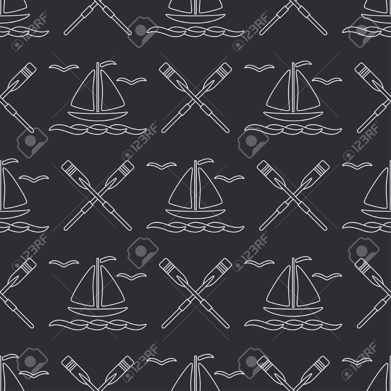 帆 パドルが付いている平らなラインのモノクロベクトル継ぎ目のパターンの海洋ボート 漫画のレトロなスタイル レガッタ カモメ 夏休みの旅 ヨット あなたのデザインの壁紙のためのイラストと要素 のイラスト素材 ベクタ Image