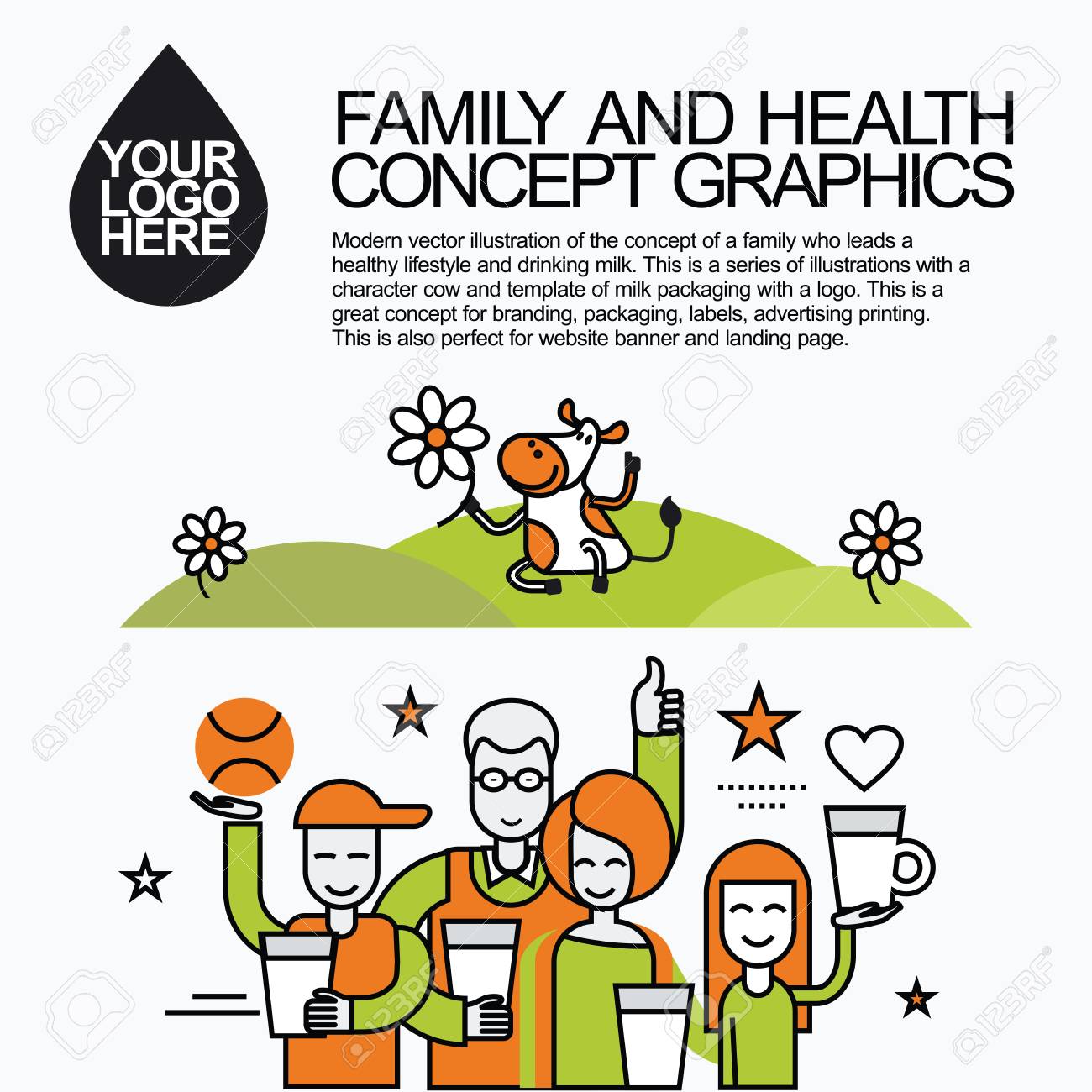 Concept of a family who leads a healthy lifestyle and drinking milk. Character cow for milk packaging with a logo for branding, packaging, advertising printing, for website banner and landing page. - 50800163 Concept of a family who leads a healthy lifestyle and drinking milk. Character cow for milk packaging with a logo for branding, packaging, advertising printing, for website banner and landing page. - 50800163