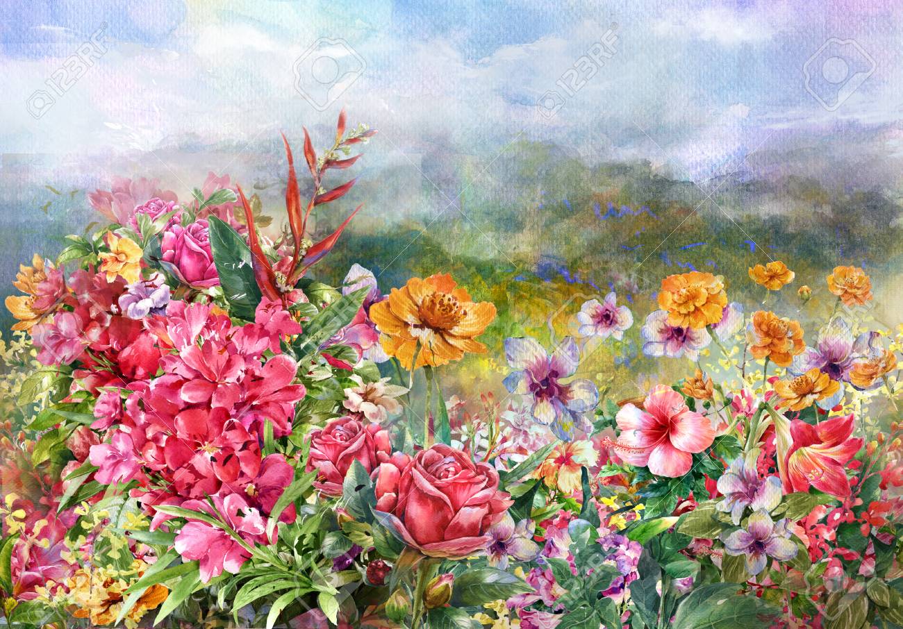 色とりどりの花の水彩画風の風景 の写真素材 画像素材 Image