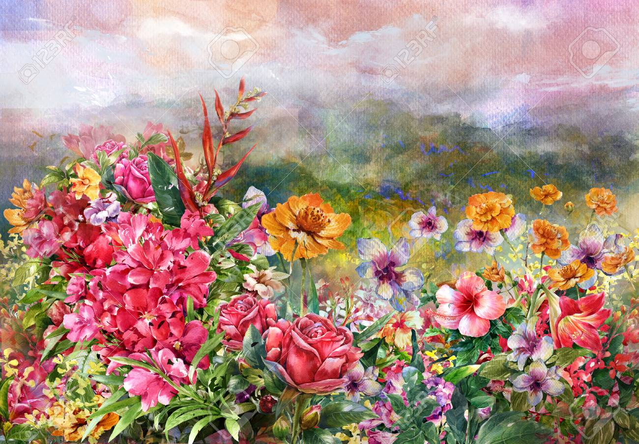 USA画家作品☆優しい色合いお花の素敵な風景画- USA画家作品☆優しい色合いお花の素敵な風景画-