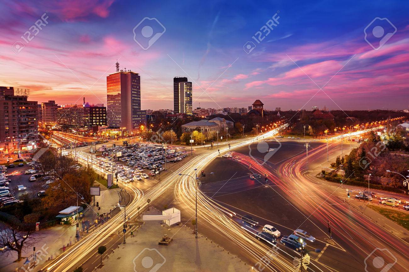 Bucharest. Aerial view of Victory Square at sunset. - 53394875 Bucharest. Aerial view of Victory Square at sunset. - 53394875
