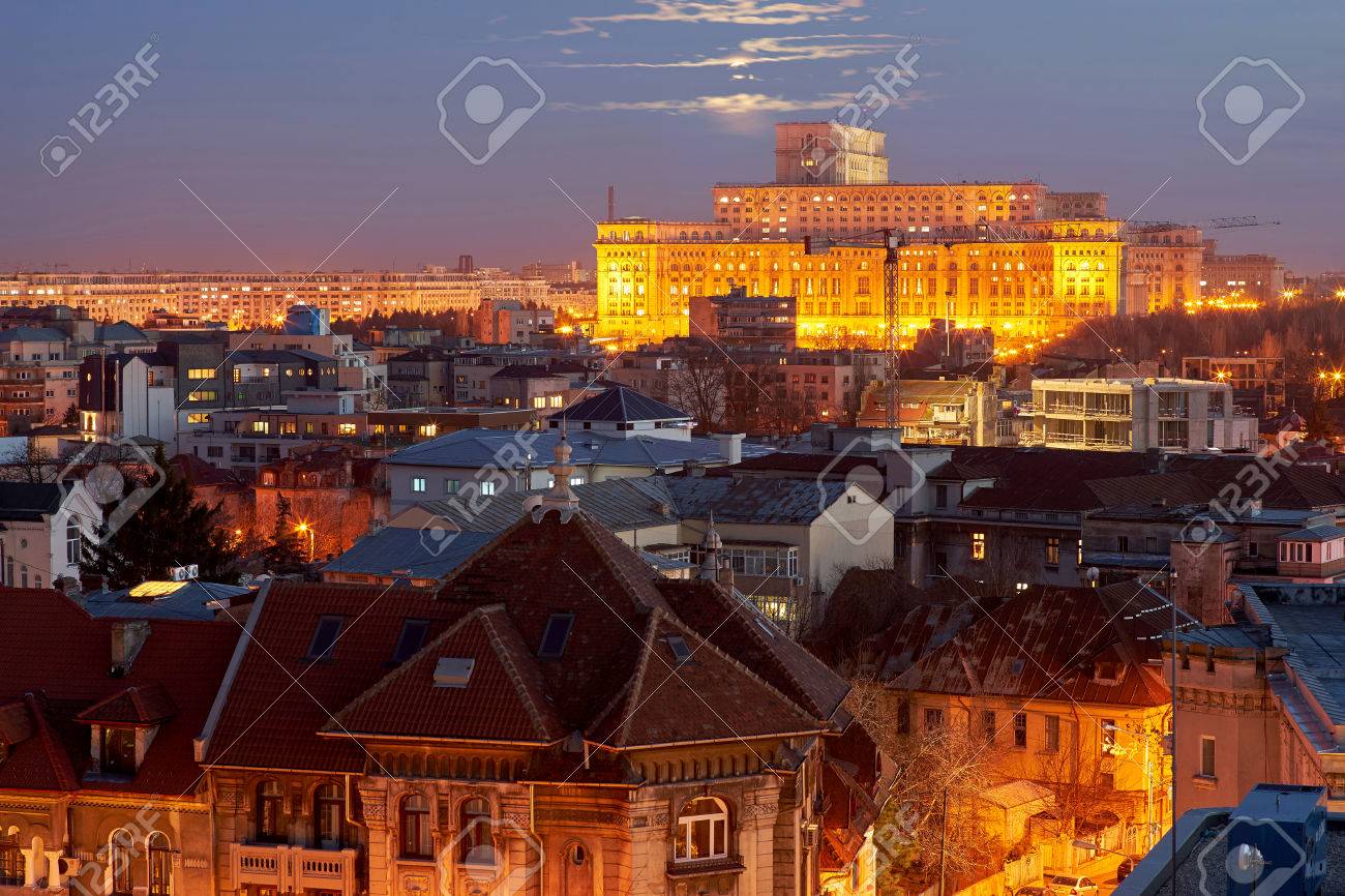 Bucharest Aerial View of Parliament Palace at Sunset - 53394878 Bucharest Aerial View of Parliament Palace at Sunset - 53394878