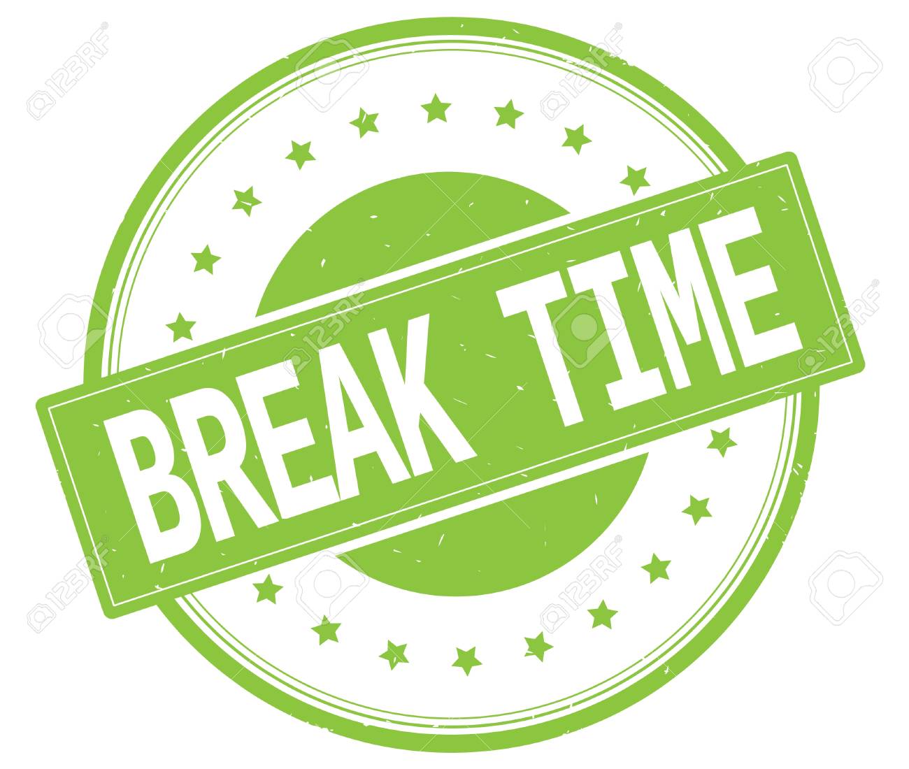 BREAK TIME Text On Round Vintage Rubber Stamp Sign With Stars Green Color BREAK TIME Text On Round Vintage Rubber Stamp Sign With Stars Green Color