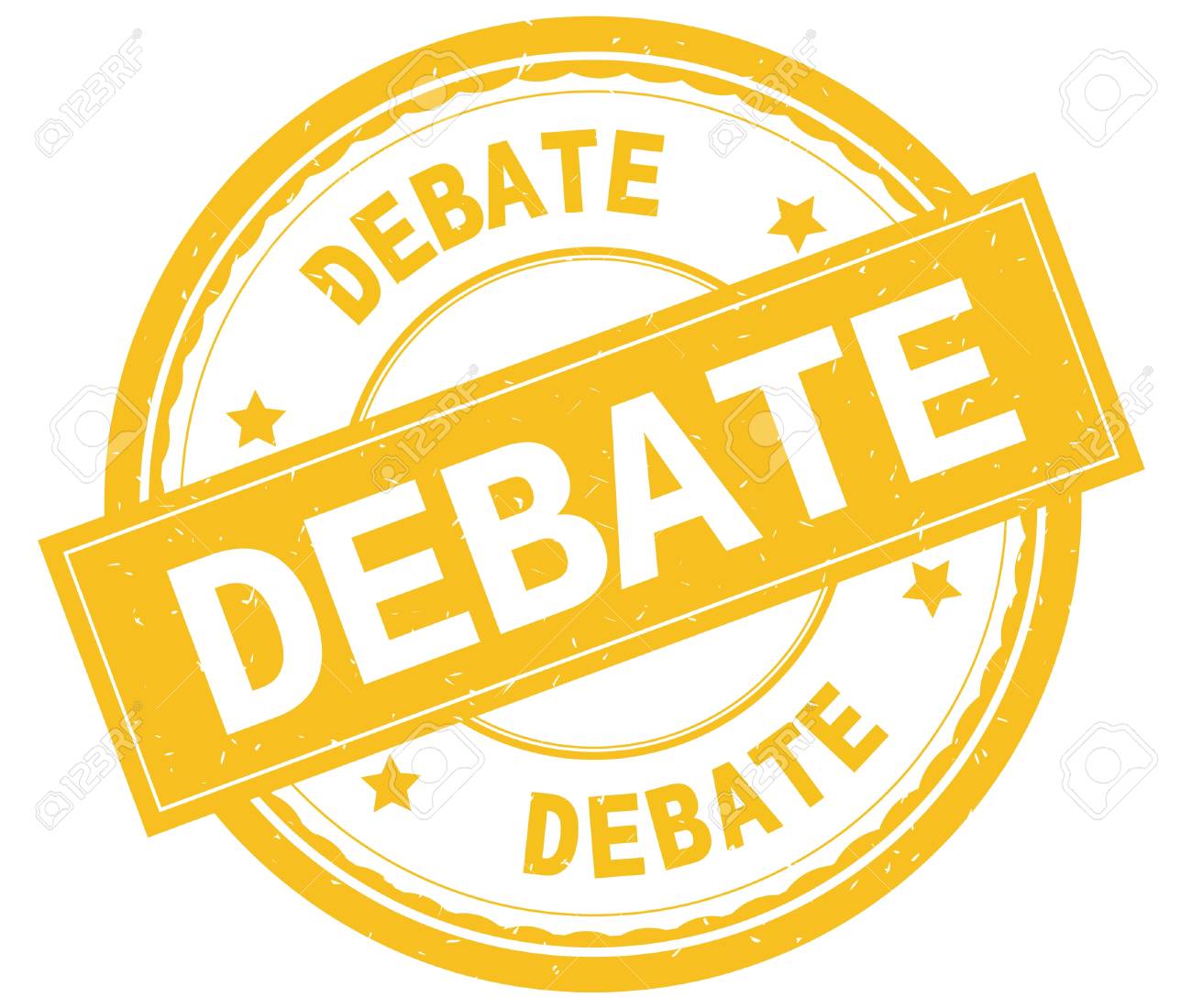 DEBATE , written text on yellow round rubber vintage textured stamp. - 91259773 DEBATE , written text on yellow round rubber vintage textured stamp. - 91259773